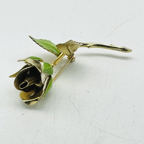 Vintage GIOVANNI White Long Stem Rose Brooch Gold Tone Green Enamel Leaves Gift - Picture 3 of 7