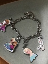 Disney Marked SIlvertone Charm Bracelet w Frozen Princess Charms Bracelet   7 in