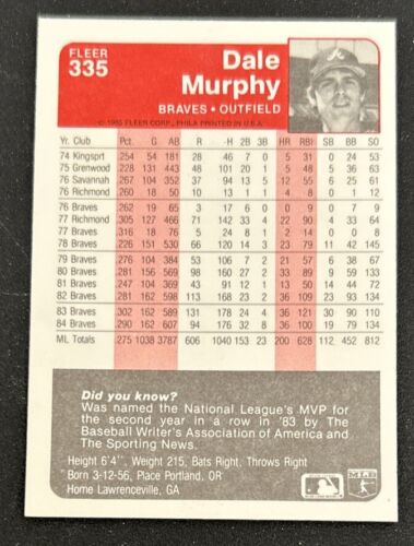 1985 Fleer Dale Murphy Baseball Card #335 Braves HOF OF VG O/C - Picture 2 of 2