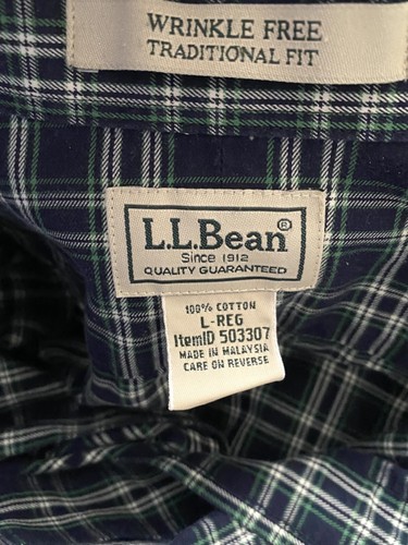 LL Bean Shirt Mens Blue Plaid Large Regular Wrinkle Free Cotton Traditional Fit - Picture 5 of 8