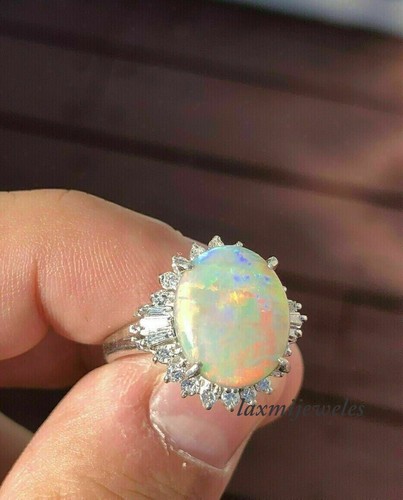 2.50CT Oval Cut Genuine Fire Opal Halo Engagement Ring 14K White Gold Finish - Picture 5 of 7