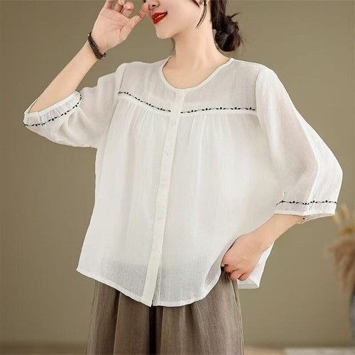 Summer loose shirt retro round neck cotton linen embroidered mid sleeve top - Picture 10 of 10