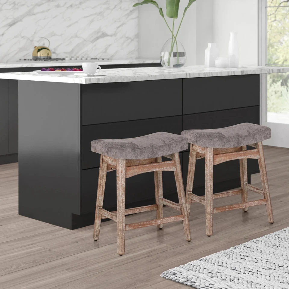 Saddle Backless Bar Linen Fabric Counter Height 24'' Bar Stools for Kitchen - Image 4 of 4