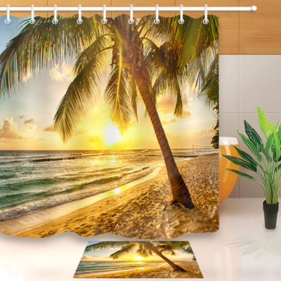 Watercolor Palm Tree Christmas Flamingo Waterproof Fabric Shower Curtain /& Hooks
