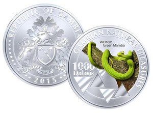 Gambia-1000-Dalasis-2015-UNC-Western-Green-Mamba-Snake-Commemorative-coin