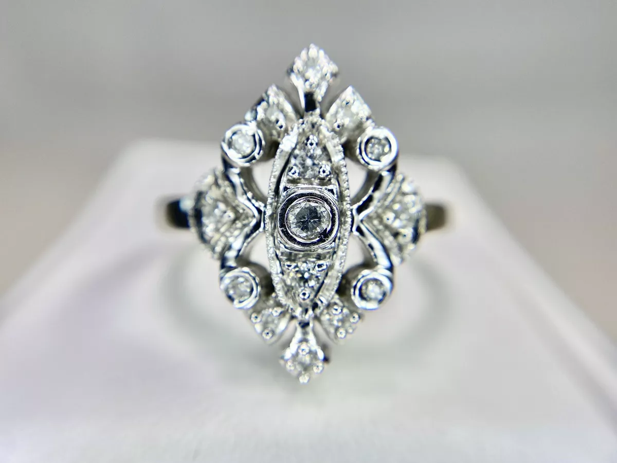 Vintage 10k White Gold Natural Round Brilliant Diamond Shield