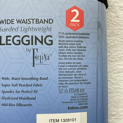 Felina Womens Black Leggings 2 Pack Wide Waistband Sueded Lightweight - Picture 3 of 6