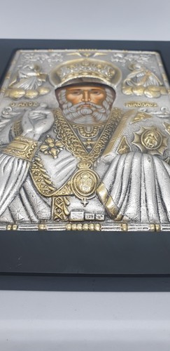 Pure Silver 925 with 24 karat gold Foil of Used Saint Nicholas Byzantine Icon - Picture 9 of 11