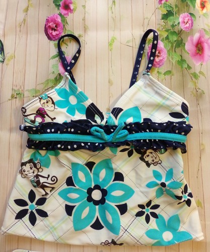 Girl's Monkey Blue Flowers 2 Piece Tankini Set Size XS 4/5 Swimsuit - Picture 2 of 7