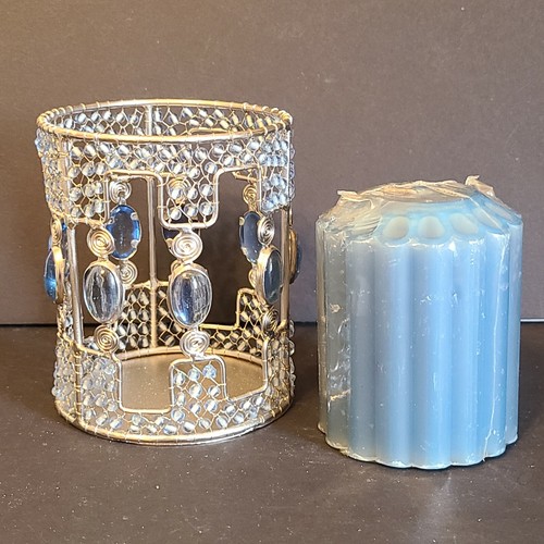 Pillar Candle Holder - Silver Wire Blue Beads - Includes 3.5" Scented Candle - Picture 2 of 4