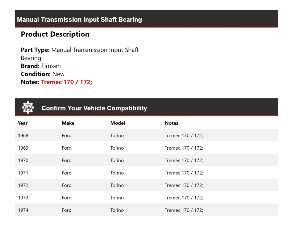 Cojinete de eje de entrada de transmisión manual para Ford Torino 1968-1974 Timken 1969 Foto 2 de 4