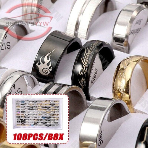 100PCS Bulk Wholesale Mixed Stainless Steel Rings Men's Women's Fashion Rings - Picture 1 of 7