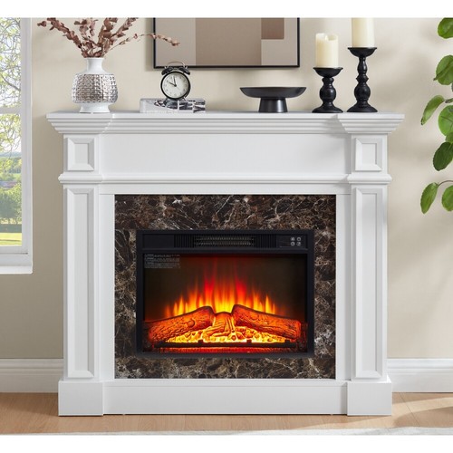 Electric Fireplace with Mantel, LED Flame, White, 45.66"W * 11.8"D * 40"H New