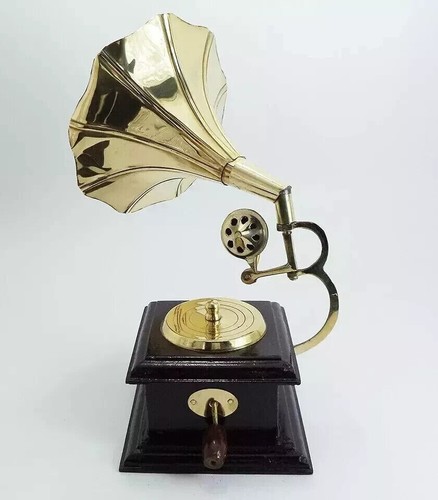 9" Desk Top Gramophone Player Phonograph Brass Horn HMV Vintage Antique Gift NEW - Picture 2 of 5