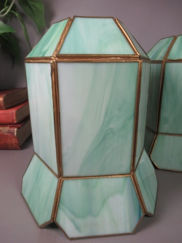 vintage pair brass and mint green slag glass tiffany style lamp light shades - Picture 6 of 8