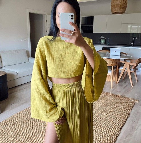 Women's Summer 2 Piece Casual Linen Outfit Long Sleeve Crop Top Maxi Skirt Set - Picture 17 of 23