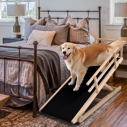 Folding Wooden Dog Ramp for High Bed 5 Level Adjustable Pet Ramp Non-Slip Stair - Picture 12 of 54