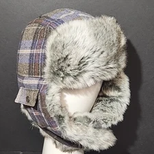 STETSON Mens Plaid Trapper Hat with Faux-Fur Lining & Trim Size Medium