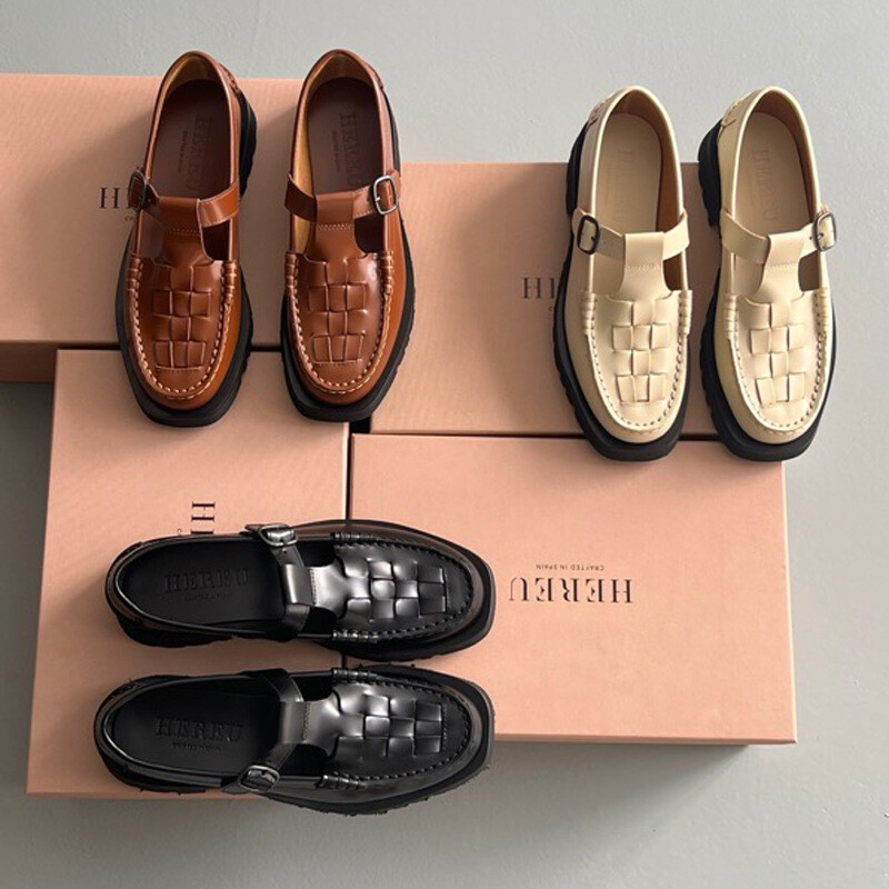 Hereu women's thick soled real leather Mary Jane round toe loafers shoes lady