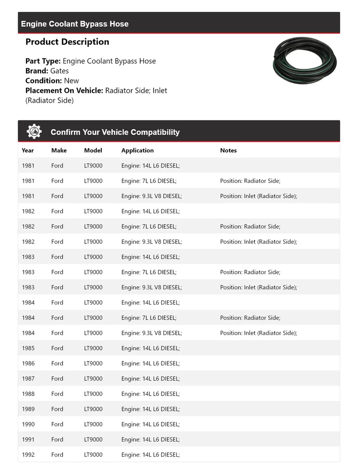 Puertas de manguera de derivación de refrigerante de motor Ford LT9000 1981-1992 1982 1983 1984 1985 Foto 2 de 4