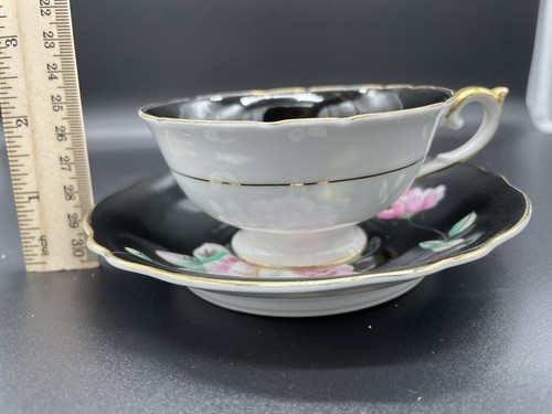 Regina Bone China Floral Rose Black & Pink Tea Cup & Saucer Occupied Japan 1950s - Picture 5 of 16