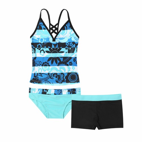 Girls' Summer 3 Piece Swimsuit Swim Tops Bottoms Boyshort Tankini Set Swimwear - Picture 29 of 110