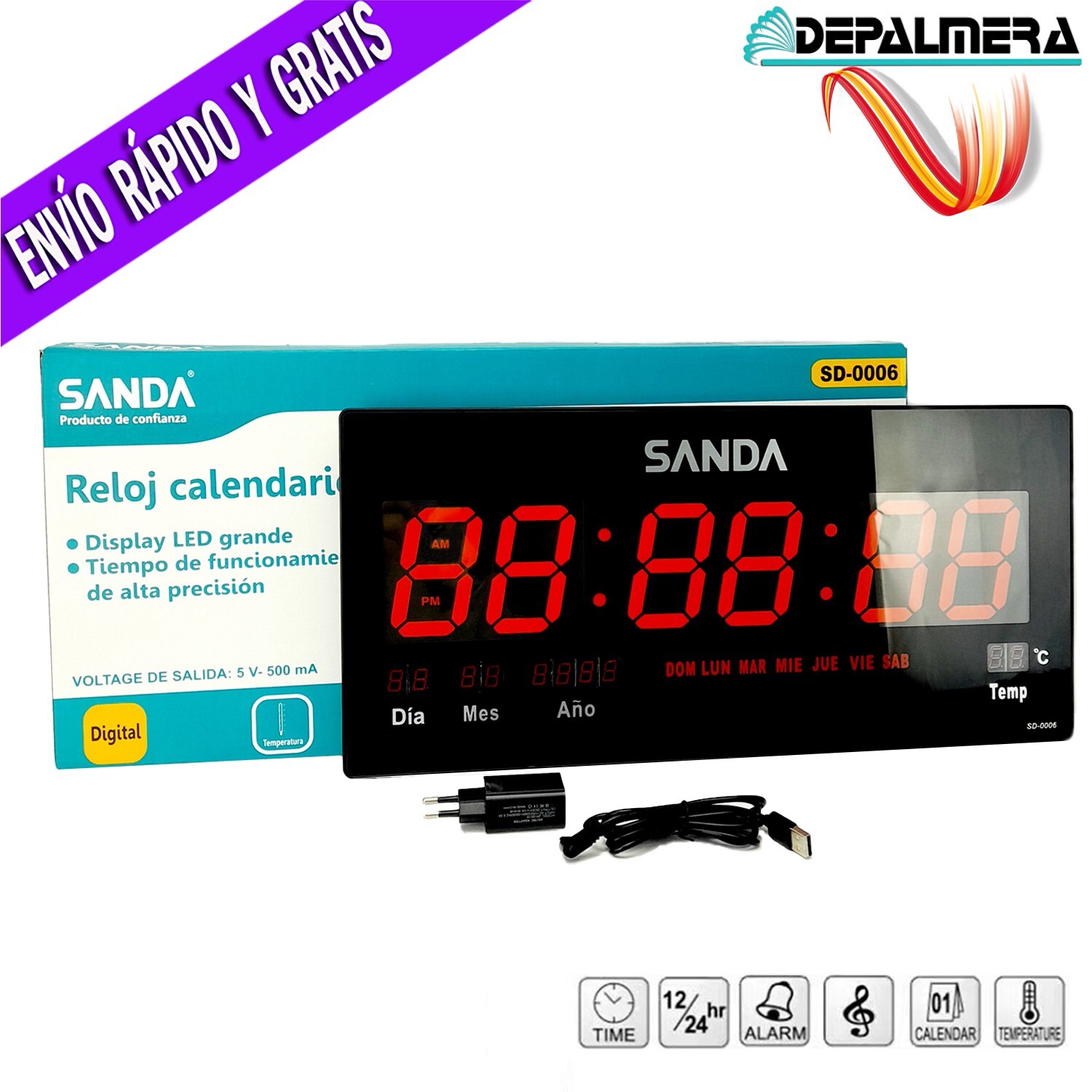 Reloj LED de Pared Digital Extra Grande 46x22cm Temperatura Calendario Oficina R