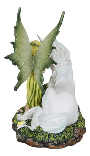 7 Inch Green Winged Fairy with Magical Unicorn Statue Figurine - Picture 2 of 10