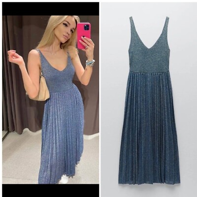 ZARA WOMAN Limited Edition METALLIC BLUE KNIT DRESS Pleated