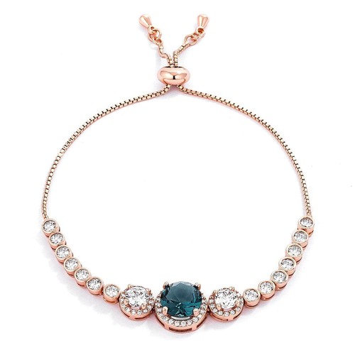 Women's Adjustable Tennis Bracelet Rose Gold-Tone with Blue & Clear CZ Stones