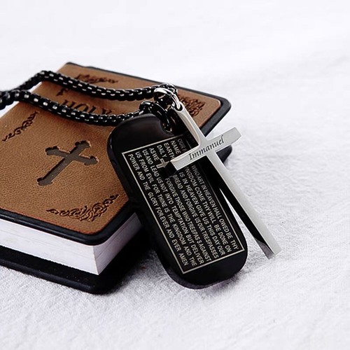 Men Stainless Steel English Bible Verse Dog Tag Cross Pendant Necklace Chain 24" - Bild 2 von 5