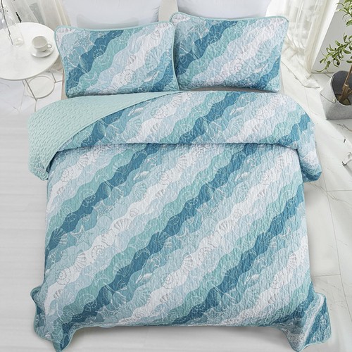 Dinjoy Summer Coastal Quilt Set Queen Size, Blue Green Ocean Beach Themed Bed - Picture 3 of 7