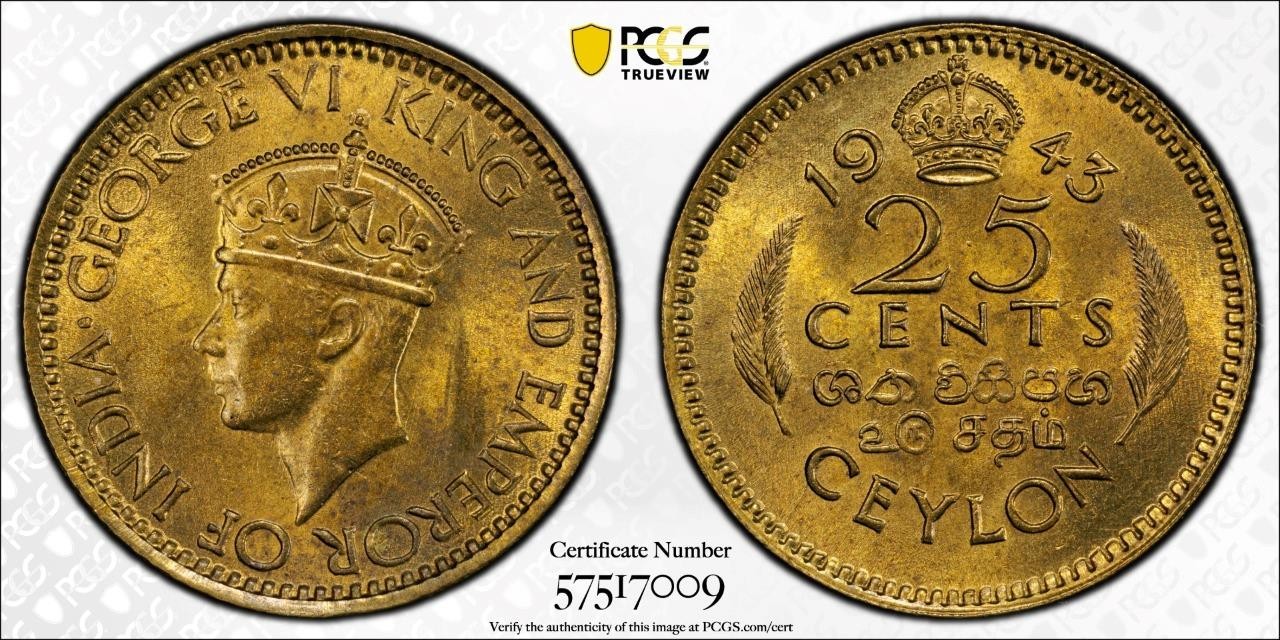 Ceylon 25 Cents 1943 PCGS MS 64