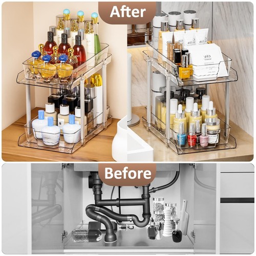 2-Tier Clear Under Sink Bathroom Cabinet Organizer Pull-Out Storage for Pantry - Picture 5 of 7