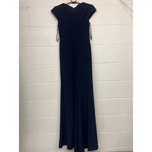 Robe Mac Duggal taille 0 bleu nuit col V froncé en jersey manches bonnet fente haute - Photo 7 sur 7