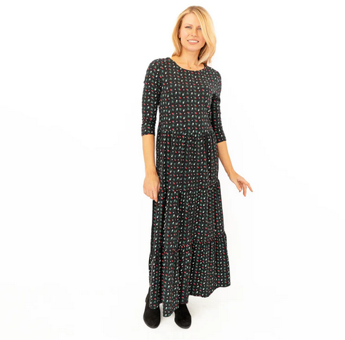 Seasalt Line Strokes Tiered Midi Dress size 16 Tall Jersey Cotton Black Floral - Picture 3 of 10