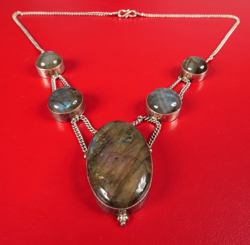 EXQUISITE VINTAGE STERLINGSILBER EDELSTEIN LABRADORIT STATEMENT ANHÄNGER HALSKETTE! - Bild 8 von 9