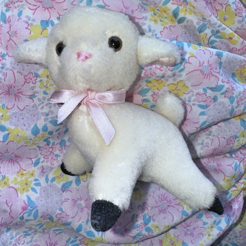 Vintage 1983 Dakin Real Wool Fur Baby Lamb Sheep 4” Cream Body Easter Ornament - Foto 2 di 3