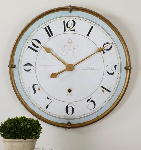 UTTERMOST 6091 TORRIANA WALL QUARTZ CLOCK ANTIQUE GOLD FRAME IVORY PALE BLUE - Picture 1 of 2