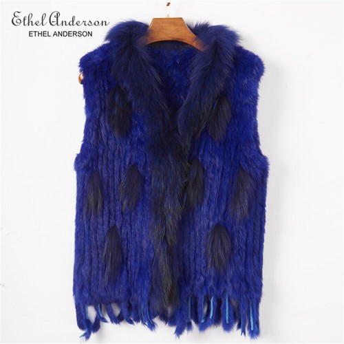 Real Women's Rabbit Fur Vest WIth Raccoon Collar Tassels Coat Knitted Furry H9 - Picture 18 of 21
