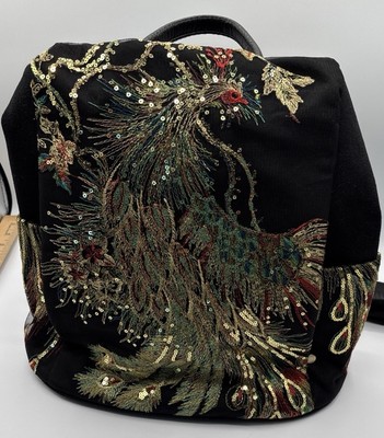 Sequins Embroidered Phoenix Canvas Anti Theft Backpack Women Rucksack NWOT Peack