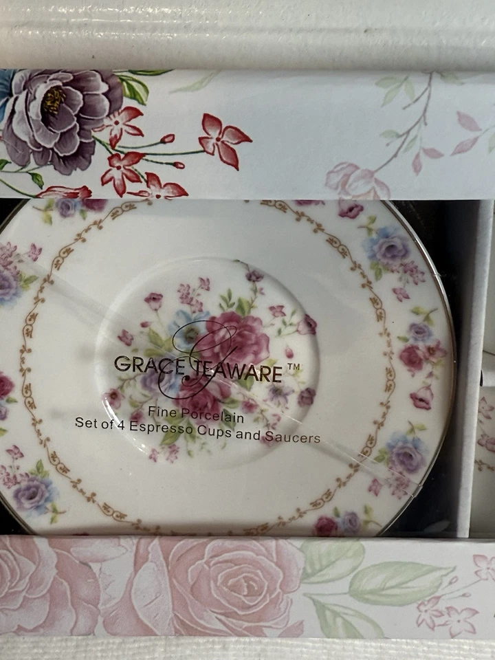 Juego de 4 tazas y platillos espresso de porcelana Grace Teaware verano floral jardín Foto 3 de 4