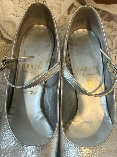 Vtg 50s Mary Jane Heels Pumps Kitten Shimmer Silver Gaymode Sanitized Size 8B - Picture 3 of 10