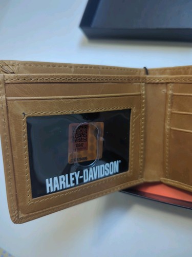 New Harley Davidson Men's Wallet Bifold 100% Leather Logo Tan Brown Biker Rfid - Picture 3 of 13