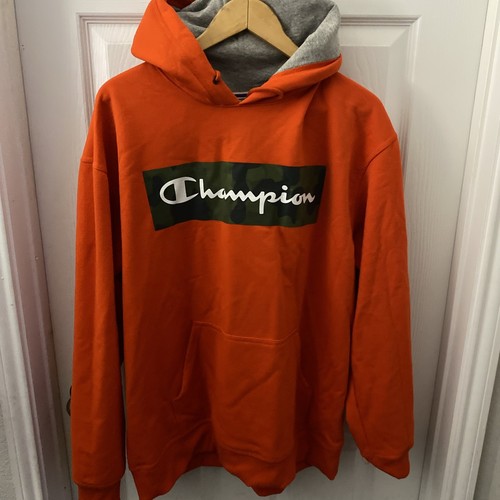 Champion Hoodie Adult XLarge Orange Spell Out Logo Sweatshirt Pullover 3014
