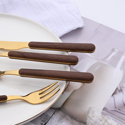 24 Piece Tableware Silverware Set with Faux Wooden Handle, Brown Gold Stainle... - Picture 4 of 7