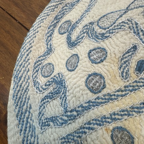 Dollhouse Doll Needlepoint Rug 9" Blue White Round Vintage - Picture 3 of 5