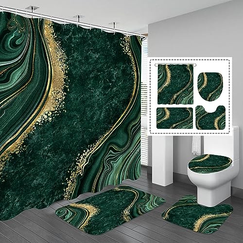  4 Pcs Luxury Marble Shower Curtain Set with Non-Slip Rugs, Emerald Green - Bild 1 von 6