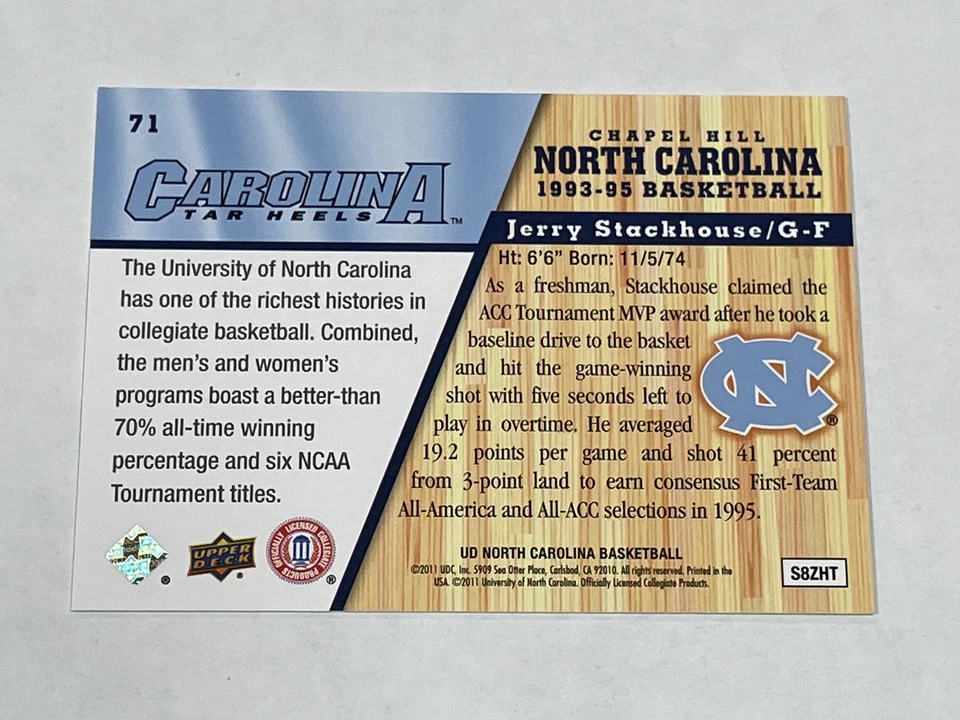 2010-11 Upper Deck North Carolina Basketball - Jerry Stackhouse - Tar Heels - Image 2 of 2
