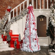 6 / 7FT Artificial Pop Up Christmas Tree In/Outdoor w/ Warm Light, Red Ornaments